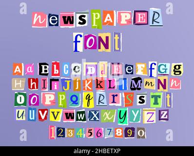 Illustrazione vettoriale di alfabeto colorato con lettere maiuscole e minuscole e numeri realizzati in stile giornale isolato su sfondo viola Illustrazione Vettoriale