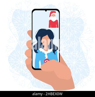 santa augura buon natale con videochiamata tramite un'applicazione in uno smartphone in mano. Illustrazione Vettoriale