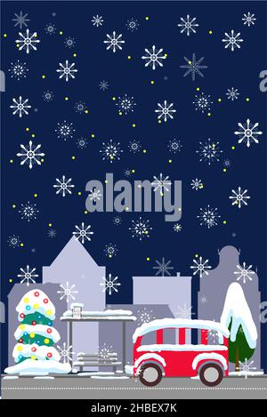 Cartoline della città Snowy Night in City flat stile autobus fermata nella neve Illustrazione Vettoriale
