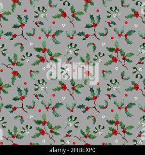 Piante invernali acquerello senza cuciture su sfondo grigio, stagione invernale, sfondo natalizio, pianta di agrifoglio, vischio, bacche rosse. Copertina di design Foto Stock