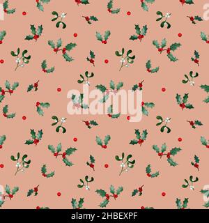Acquerello invernale modello senza cuciture in stile vintage. Stagione invernale, sfondo natalizio, pianta di agrifoglio, vischio Design per imballaggio, copertine, confezionamento Foto Stock