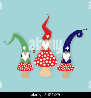 Set di Natale Gnome su funghi velenosi. Scandinavian Nordic Gnome, Natale carino Santa Gnome Elf. Illustrazione vettoriale isolata su blu Illustrazione Vettoriale