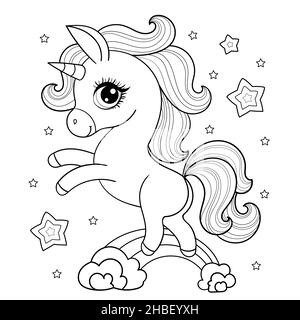 Simpatico unicorno sull'arcobaleno. Disegno lineare in bianco e nero. Vettore Illustrazione Vettoriale