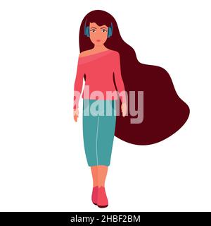 Ragazza in cuffie ascolta musica.giovane donna con capelli molto lunghi che camminano lungo la strada.Flat disegnata a mano cartoon character.Vector, bianco Illustrazione Vettoriale