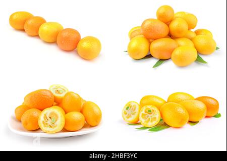 Collage di cumquats isolato su uno sfondo bianco con tracciato di ritaglio Foto Stock