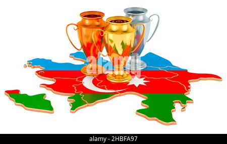 Coppe Trofeo sulla mappa azerbaigiana. Tornei sportivi in Azerbaigian, concetto. 3D rendering isolato su sfondo bianco Foto Stock