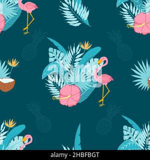 Motivo vettoriale tropicale senza giunture su sfondo scuro. Composizione di foglie di palma, fenicotteri carini, ananas. Illustrazione Vettoriale