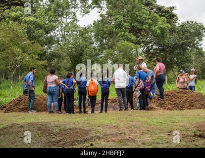 Costa Rica ragazzo e ragazza scouts guardando una parte scavata antica pietra sfera in un viaggio di campo al sito archeologico di Finca 6 Costa Rica. Foto Stock