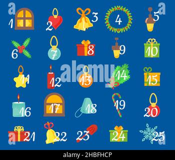 Calendario dell'avvento di Natale esterno casa accogliente esterno set isolato su sfondo blu per il design. Albero, regali, porta con corona, campana, finestre, tende, lanterne, candele, rami, giocattoli. Vettore Illustrazione Vettoriale