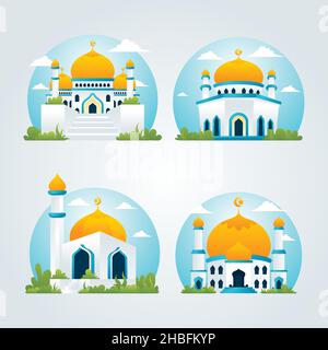 Collezioni di moschee, illustrazione moderna dell'edificio islamico in stile cartoon piatto Illustrazione Vettoriale