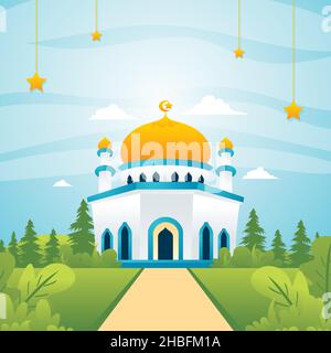 Moschea Ramadan Kareem con paesaggio paesaggio, illustrazione di cartoni animati piatto islamico Illustrazione Vettoriale