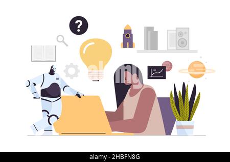 donna d'affari che lavora sul laptop con lampadina idea creativa brainstorming startup soluzione aziendale processo di pensiero Illustrazione Vettoriale