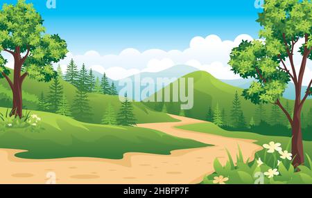Bellissimo paesaggio naturale con strada di campagna, collezioni di paesaggio estivo in stile piatto Illustrazione Vettoriale
