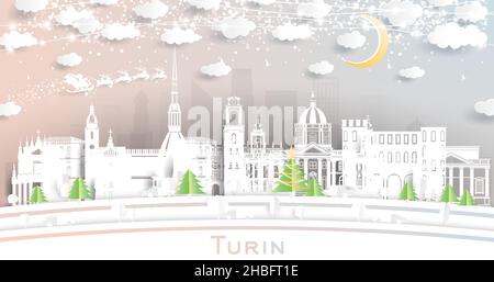 Torino Italia City Skyline in carta taglio con fiocchi di neve, Luna e Neon Garland. Illustrazione vettoriale. Natale e Capodanno. Illustrazione Vettoriale