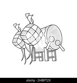 Ketupat con bedug, Islamic Eid Mubarak vettore icona Illustrazione con disegno a mano stile Illustrazione Vettoriale