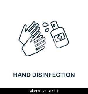 Icona disinfezione mani. Elemento linea da raccolta pulizia. Simbolo icona di disinfezione della mano lineare per il web design, infografica e altro ancora. Illustrazione Vettoriale