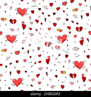 Perfetto per il giorno di San Valentino a forma di barboncino. Simboli d'amore rossi disegnati a mano su sfondo bianco. Cute rosa cuori diversi, frecce. Febbraio 14, matrimonio, mar Illustrazione Vettoriale