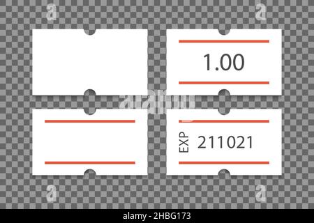 Etichetta prezzo carta autoadesiva con due strisce rosse. Etichetta prezzo vuota. Adesivo bianco per indicare la data di scadenza. Illustrazione vettoriale isolata su Illustrazione Vettoriale