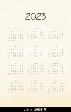 2023 calendario modello verticale in stile semplice e carino con effetti testurizzati. La settimana inizia la domenica. Illustrazione Vettoriale