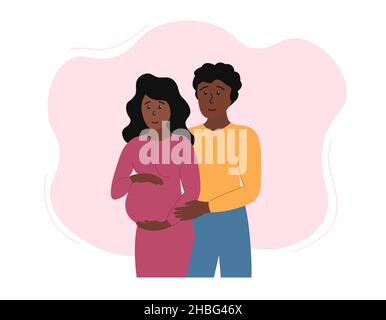 Coppia incinta. Felice sposò una donna incinta afroamericana e abbracciò il suo uomo. Coppia di mamma e papà in attesa. Illustrazione piatta vettoriale. Illustrazione Vettoriale