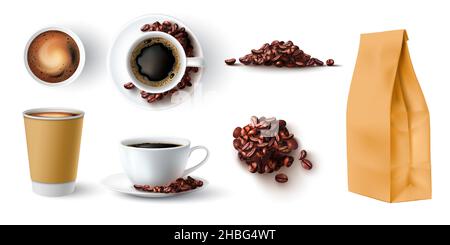 Vista dall'alto di tazze di caffè realistiche, confezioni di carta e chicchi. Bevande fresche a base di espresso, latte e cappuccino con schiuma. Set vettoriale caffè barista Illustrazione Vettoriale