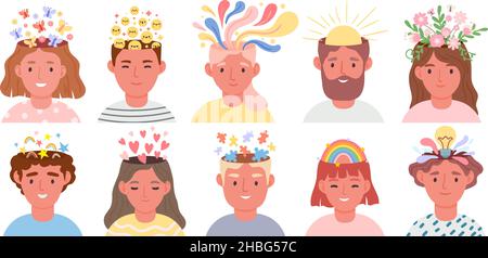 Pensiero positivo e concetto di salute mentale con ritratti di persone. Testa aperta con pensieri felici e creativi, arcobaleno e cuori vettore set Illustrazione Vettoriale