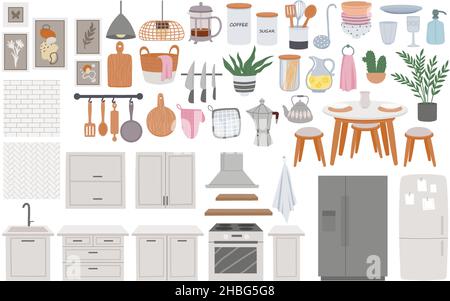 Cartoon accogliente cucina scandinava mobili, elementi interni. Tavolo da pranzo, frigorifero, stoviglie e lavandino. Set vettoriale camera Home Cook Illustrazione Vettoriale