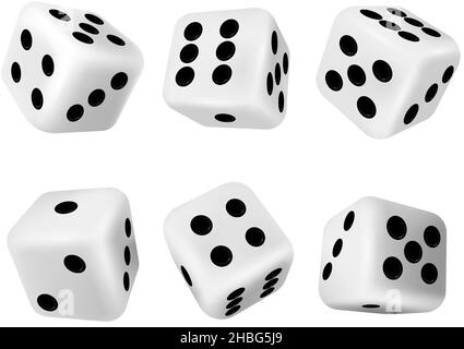 Dadi di rotolamento realistici 3D per i giochi di gioco d'azzardo del casinò. Cubi bianchi con punti. La caduta di poker muore per scelta casuale in craps. Set di vettori dice Illustrazione Vettoriale