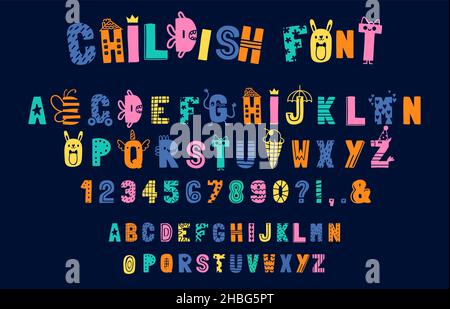 Divertente alfabeto infantile, scarabocchio carattere creativo per i bambini. Lettere e numeri abc inglesi giocosi. Tipografia in set vettoriale in stile scandinavo Illustrazione Vettoriale