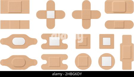 Cerotti medici realistici, cerotti e fasce di pronto soccorso. Nastro adesivo elastico per avvolgimento. Banda trasversale adesiva con set di vettori di perforazione Illustrazione Vettoriale