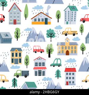 Modello senza giunture infantile con case scandinave, alberi e automobili. Città carina e trasporti. Cartoon paesaggio stampa vettoriale per baby nurcery Illustrazione Vettoriale