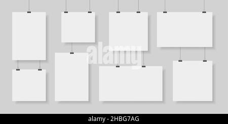 Poster di carta appeso a clip e cordoncino, mockups della galleria fotografica. Visualizzazione dell'area di lavoro dell'immagine vuota. Fogli di carta realistici su set vettoriale da parete Illustrazione Vettoriale