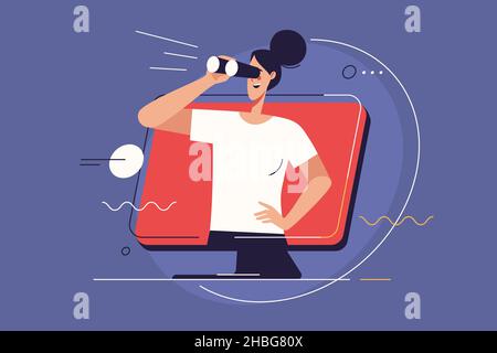 Illustrazione vettoriale raffigurante una donna che guarda attraverso il binocolo. Tratto modificabile Illustrazione Vettoriale