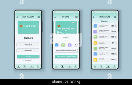 Design dell'interfaccia dell'app Neumorphism Bank su schermo realistico dello smartphone. Pagamento online con carta di credito. Modello vettore applicazione finanziaria Illustrazione Vettoriale