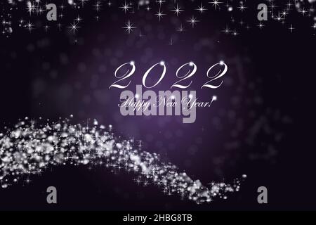 Felice anno nuovo 2022. Numeri brillanti anno 2022 con stelle e bokeh su sfondo blu. Foto Stock