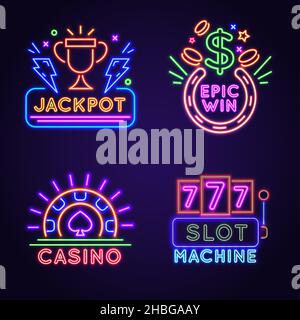 Casino vegas Street Wall neon gioco segno vincente. 777 slot machine. Gonfalone jackpot fortunato e brillante con trofeo. Set di icone Casino Illustrazione Vettoriale
