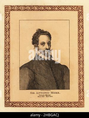 Anthonis Mor, c.. 1517–1577, ritrattista olandese e pittore di storia, molto richiesto dalle corti d'Europa. Sir Antonio di più. Incisione colorata entro un bordo decorativo di H. Vaughan dopo un autoritratto di Mor dei settantacinque ritratti di celebri pittori di originali autentici di John Girtin, J. M’Creery, Londra, 1817. Foto Stock