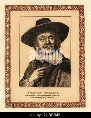 Frans Snyders o Frans Snijders, 1579-1657, pittore fiammingo di animali, scene di caccia, scene di mercato e ancora vita. Francis Snyders. Incisione colorata entro un bordo decorativo di John Girtin dei settantacinque ritratti di celebri pittori di originali autentici di John Girtin, J. M’Creery, Londra, 1817. Foto Stock