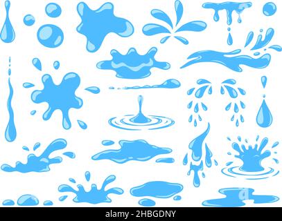 Cartoon blu gocciola gocce d'acqua, spruzzi, spruzzi e lacrime. Flusso liquido, onda, flusso e pozzanghere. Natura acqua movimento forme vettore set Illustrazione Vettoriale
