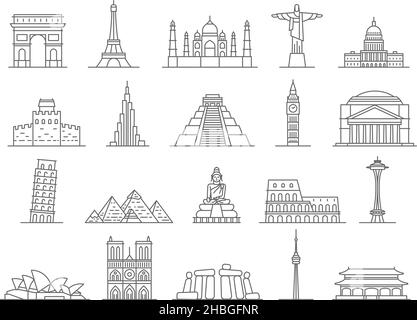 Icone delle linee di riferimento del mondo, Big ben, Torre eiffel e piramidi. Monumenti famosi in Europa, italia, francia e inghilterra luoghi di viaggio vettore set Illustrazione Vettoriale