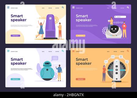 Casse elettroniche intelligenti con pagina web Virtual Assistant. Le persone controllano i dispositivi con comandi vocali. Atterraggi interattivi del vettore del dispositivo ai Illustrazione Vettoriale