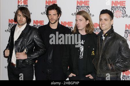 Pete Robertson, Arni Hjorvar, Freddie Cowan e Justin Young dei vaccini in arrivo al NME Awards presso la Brixton Academy 02 a Londra Foto Stock