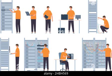 Flat server e computer, tecnici e amministratori di sistema. Server di dati rete manutenzione e supporto lavoratori vettore set Illustrazione Vettoriale