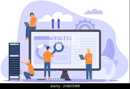 Poster sull'hosting Web o sul cloud computing con gli amministratori di sistema. Le persone gestiscono software per la tecnologia dei dati. Concetto di vettore del servizio di archiviazione database Illustrazione Vettoriale