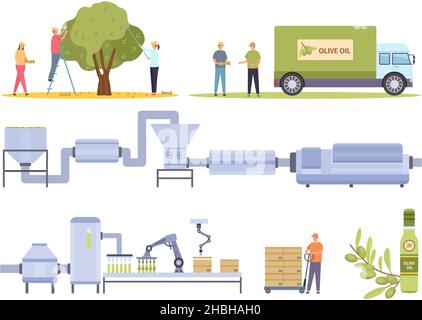 Raccolta di olive e produzione di olio alimentare di fabbrica. Agricoltura piana olio vegetale produzione, estrazione e imbottigliamento vettore set Illustrazione Vettoriale