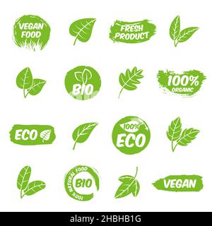 Set di etichette biologiche. Badge sani, emblema naturale biologico di frutta. Simboli vegani, adesivi prodotti del mercato agricolo e foglie verdi, vettore recente Illustrazione Vettoriale