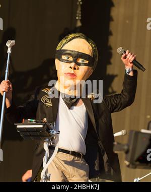 Arcade Fire puppets sul palco al British Summer Time a Hyde Park a Londra. Foto Stock