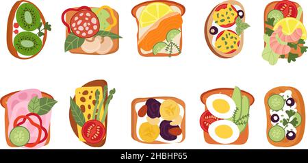 Sandwich freschi con vista dall'alto. Pane tostato, gustoso pranzo o colazione. Toast salutari di verdure e frutta, avocado al formaggio e fette di salsiccia, decente Illustrazione Vettoriale