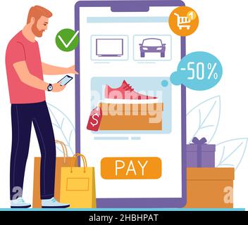 Shopping online. Acquirente con smartphone enorme, paga per gli acquisti tramite applicazione mobile, ordini via Internet, grandi vendite e sconti, vettore Illustrazione Vettoriale