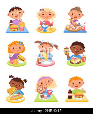 I bambini mangiano. I bambini felici fanno colazione, le ragazze carine del cartone  animato e i ragazzi mangiano ai tavoli, fast food e dessert dolci.  Hamburger, pizza e sandwich, tutti i giorni